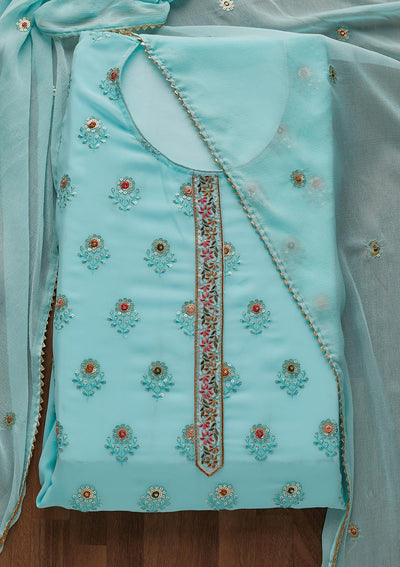 Sky Blue Threadwork Georgette Semi-Stitched Salwar Suit-Koskii