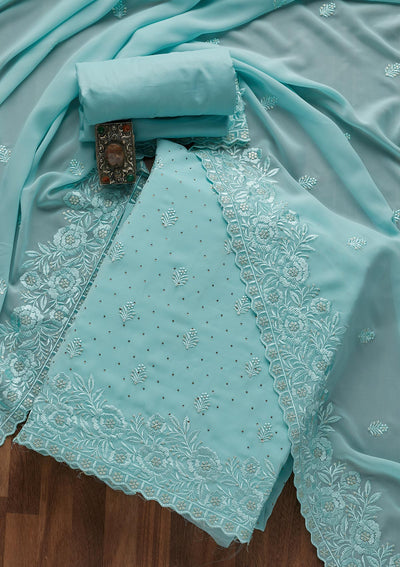 Sky Blue Threadwork Georgette  Unstitched Salwar Suit- Koskii