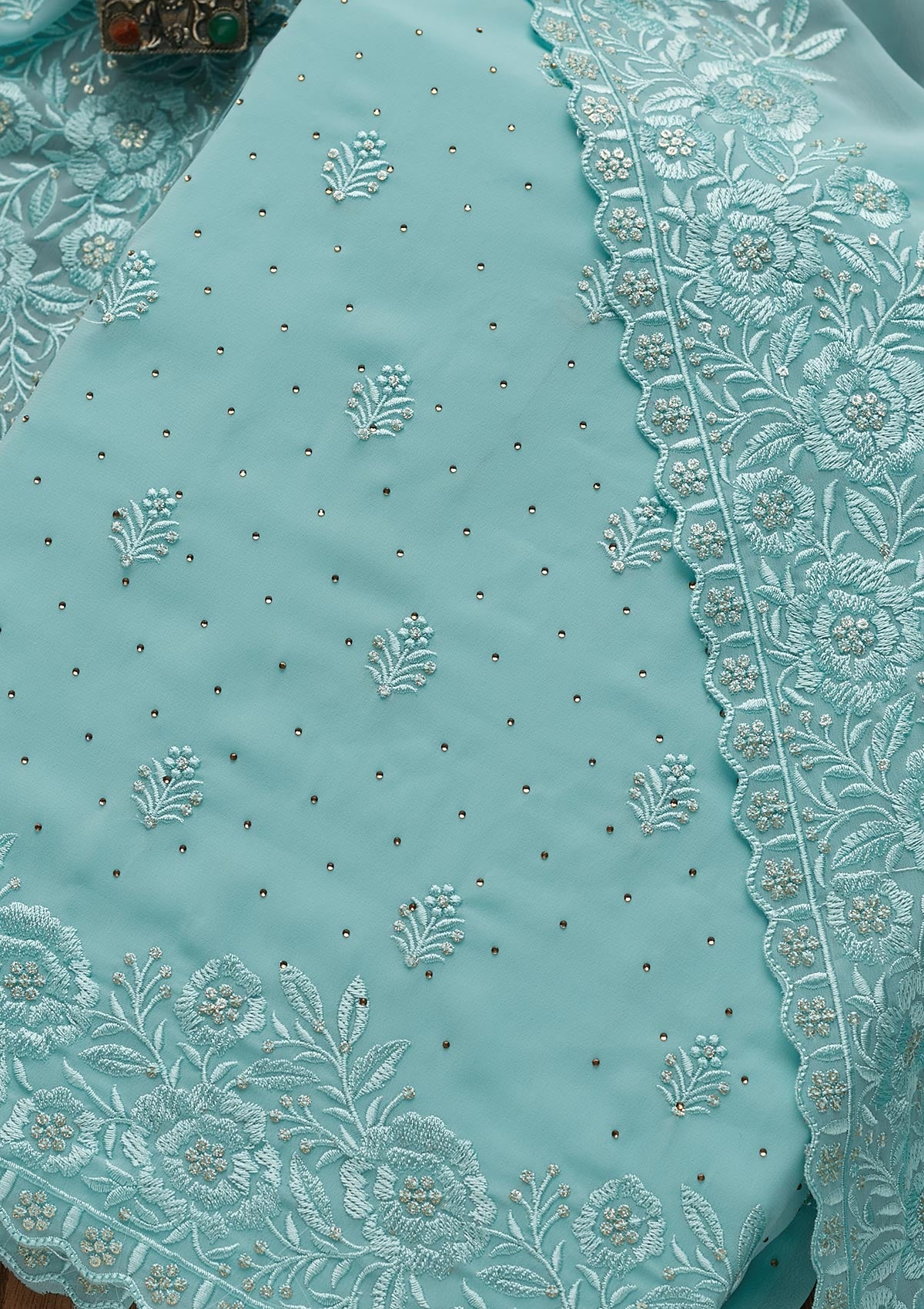 Sky Blue Threadwork Georgette  Unstitched Salwar Suit - Koskii