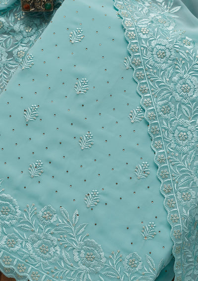 Sky Blue Threadwork Georgette  Unstitched Salwar Suit - Koskii