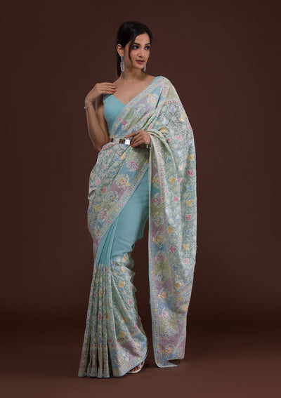 Sky Blue Threadwork Georgette Designer Saree-Koskii