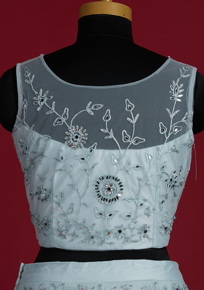 Sky Blue Threadwork Net Designer Lehenga - Koskii