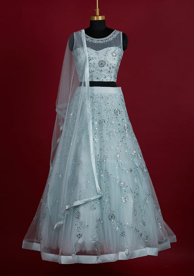 Sky Blue Threadwork Net Designer Lehenga - Koskii