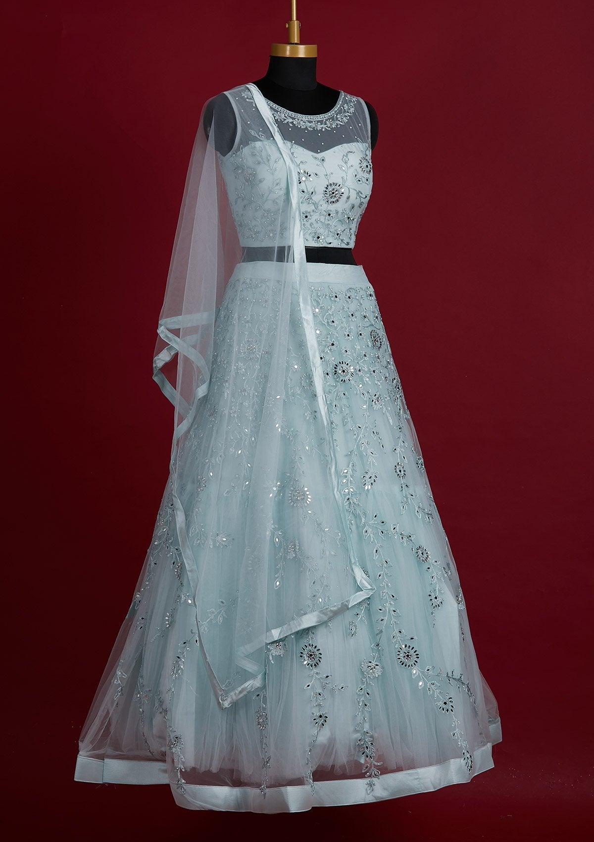 Sky Blue Threadwork Net Designer Lehenga - Koskii