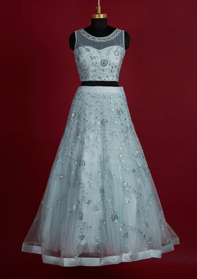 Sky Blue Threadwork Net Designer Lehenga - Koskii