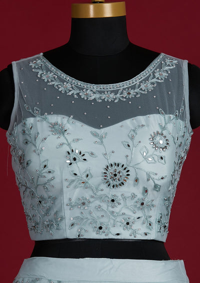 Sky Blue Threadwork Net Designer Lehenga - Koskii