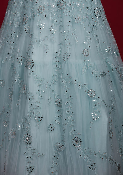 Sky Blue Threadwork Net Designer Lehenga - Koskii