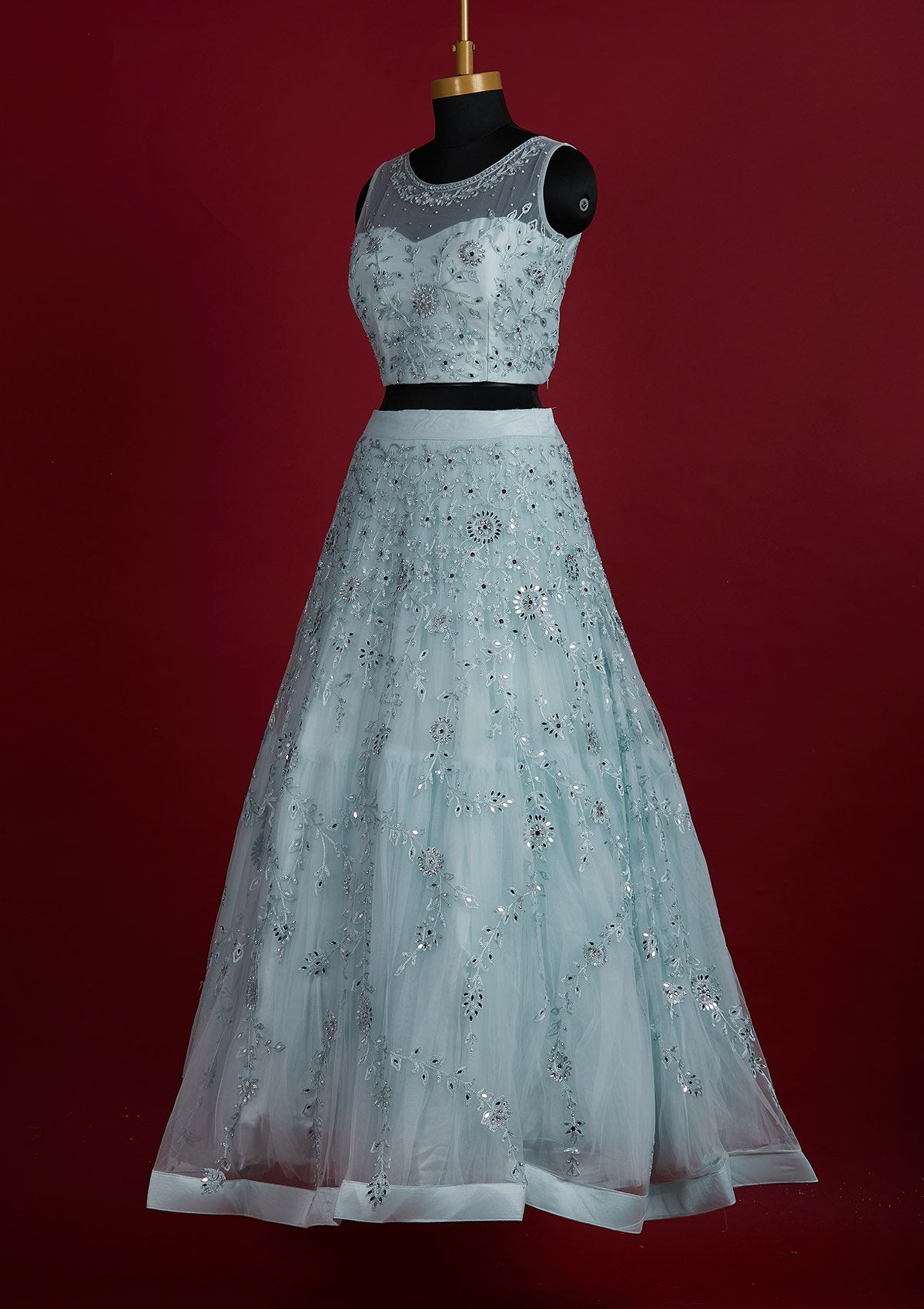 Sky Blue Threadwork Net Designer Lehenga - Koskii