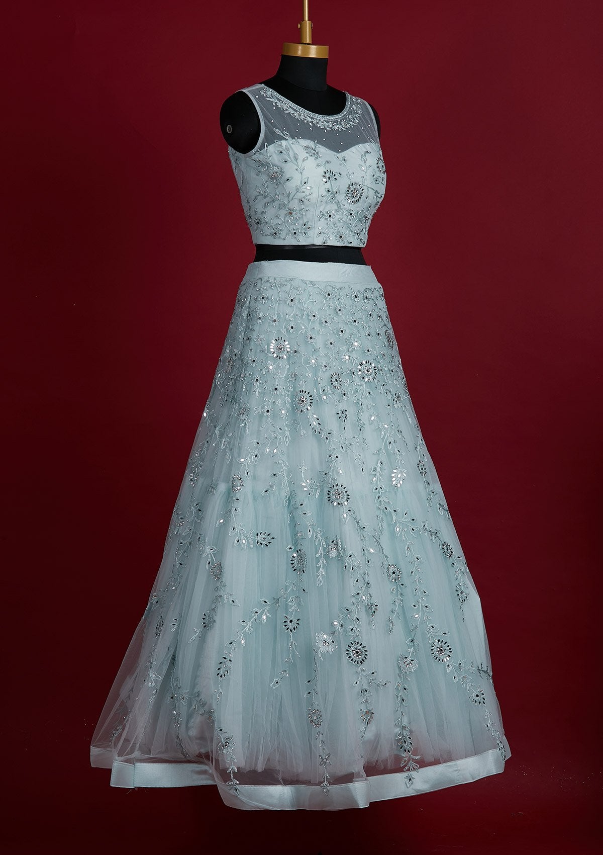 Sky Blue Threadwork Net Designer Lehenga - Koskii
