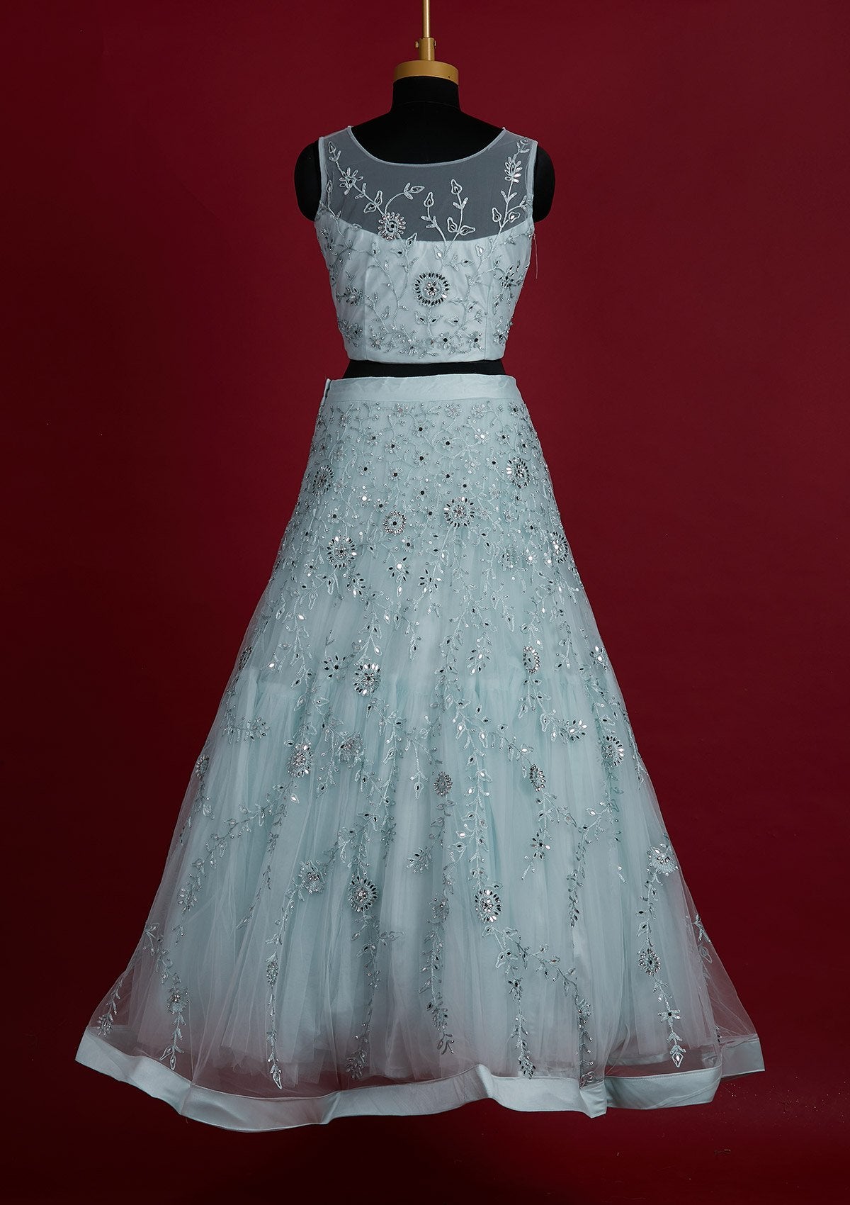 Sky Blue Threadwork Net Designer Lehenga - Koskii