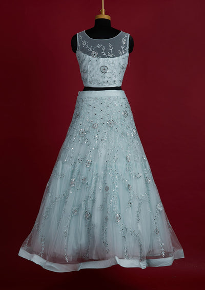 Sky Blue Threadwork Net Designer Lehenga - Koskii