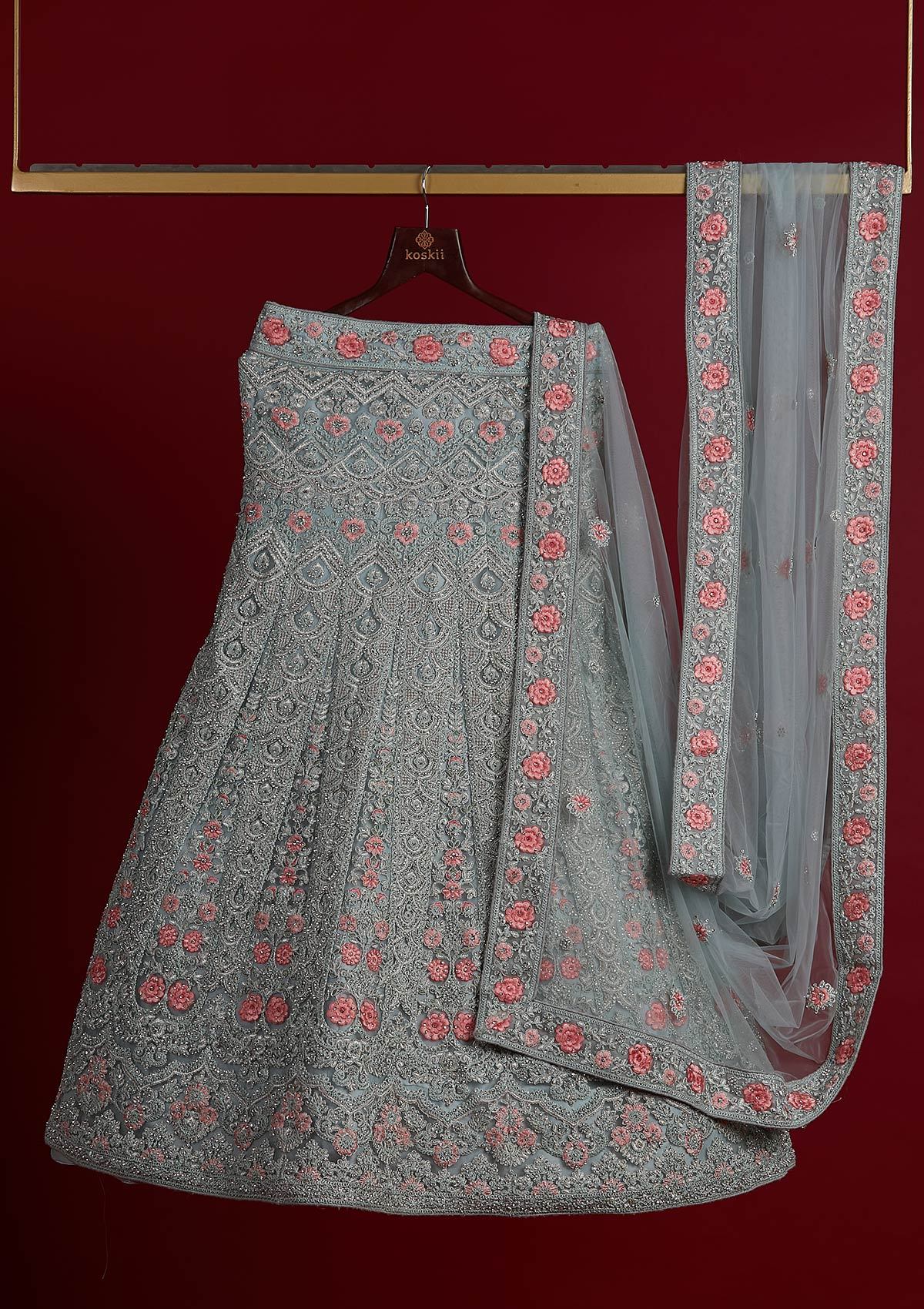 Sky Blue Threadwork Net Designer Semi-Stitched Lehenga - koskii