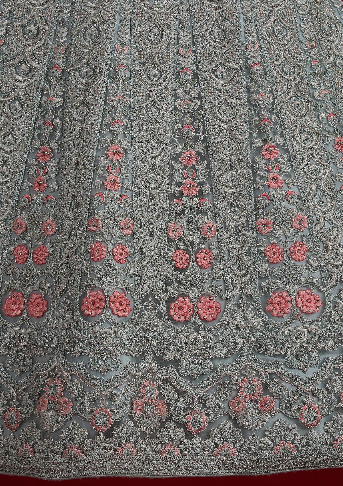 Sky Blue Threadwork Net Designer Semi-Stitched Lehenga - koskii