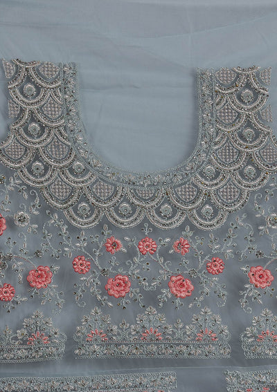 Sky Blue Threadwork Net Designer Semi-Stitched Lehenga - koskii