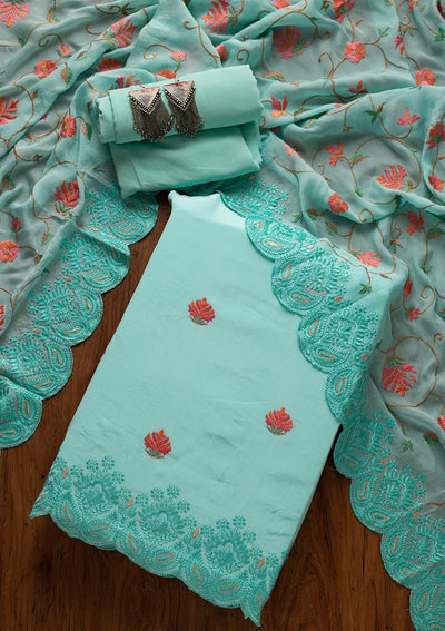 Sky Blue Threadwork Semi Crepe Designer Unstitched Salwar Suit - koskii