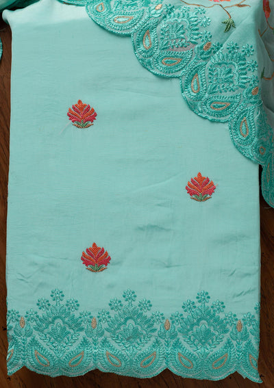 Sky Blue Threadwork Semi Crepe Designer Unstitched Salwar Suit - koskii