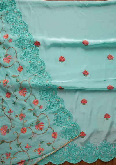 Sky Blue Threadwork Semi Crepe Designer Unstitched Salwar Suit - koskii