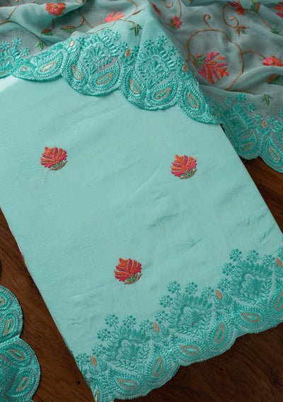 Sky Blue Threadwork Semi Crepe Designer Unstitched Salwar Suit - koskii