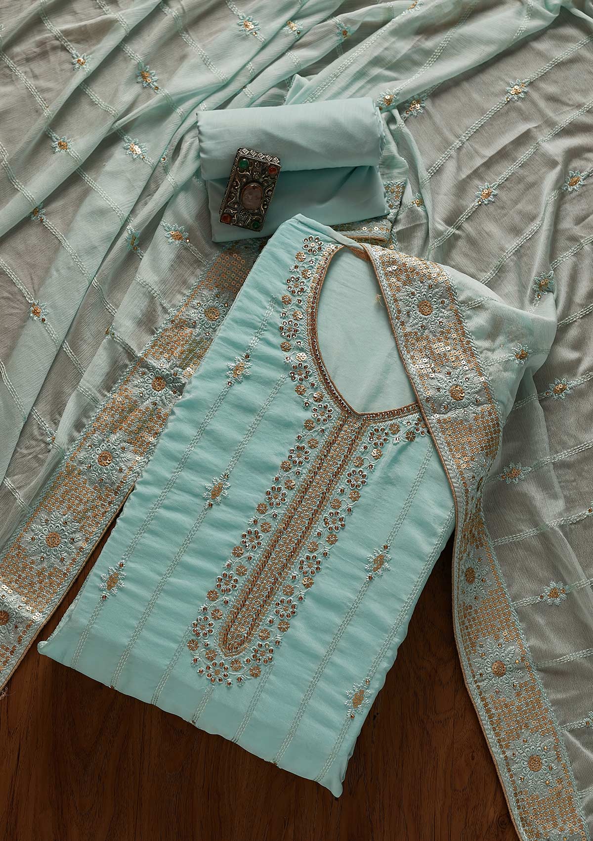 Sky Blue Threadwork Semi Crepe Designer Unstitched Salwar Suit - koskii