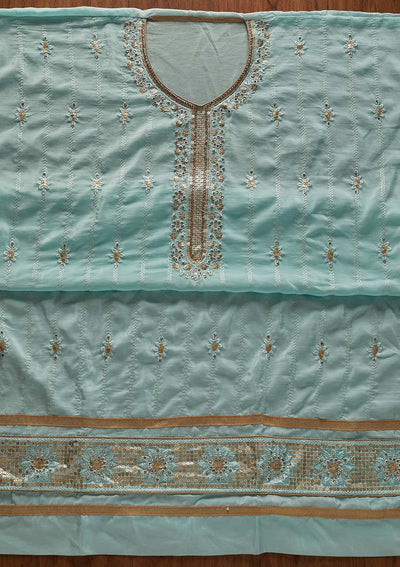 Sky Blue Threadwork Semi Crepe Designer Unstitched Salwar Suit - koskii