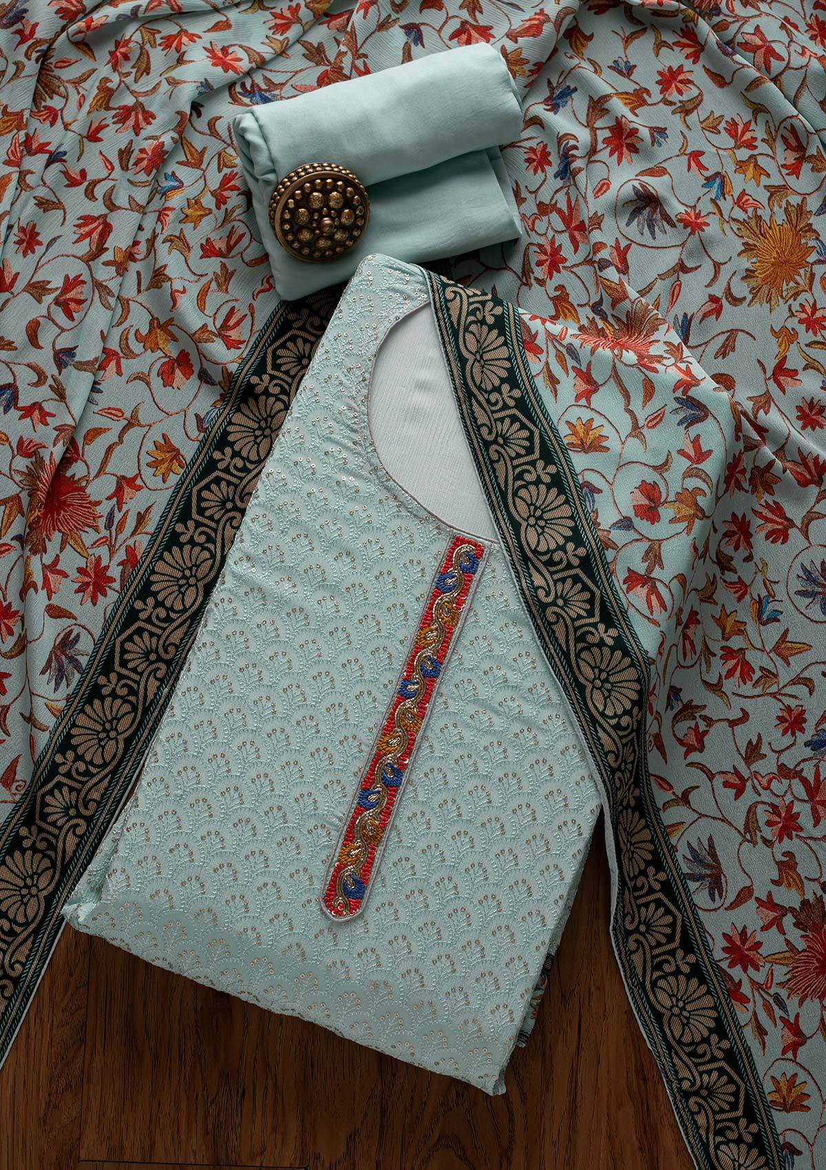 Sky Blue Threadwork Semi Crepe Designer Unstitched Salwar Suit - Koskii