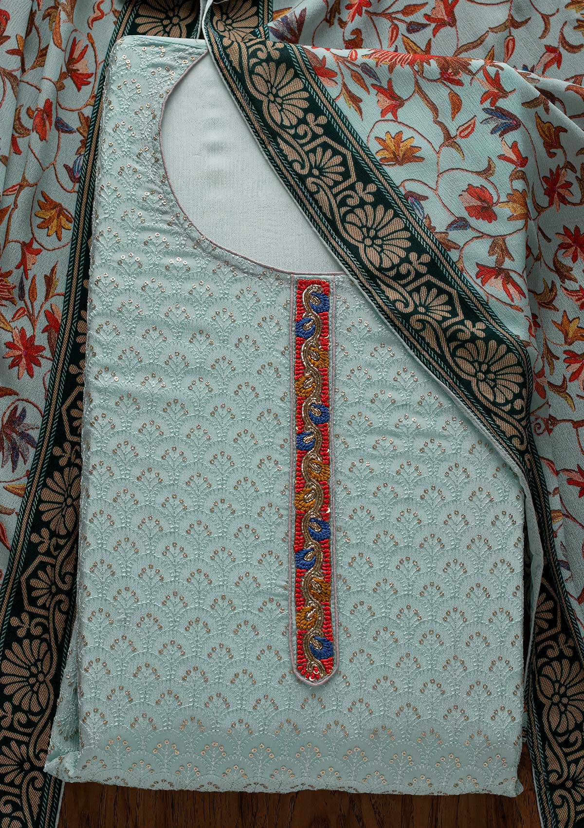 Sky Blue Threadwork Semi Crepe Designer Unstitched Salwar Suit - Koskii