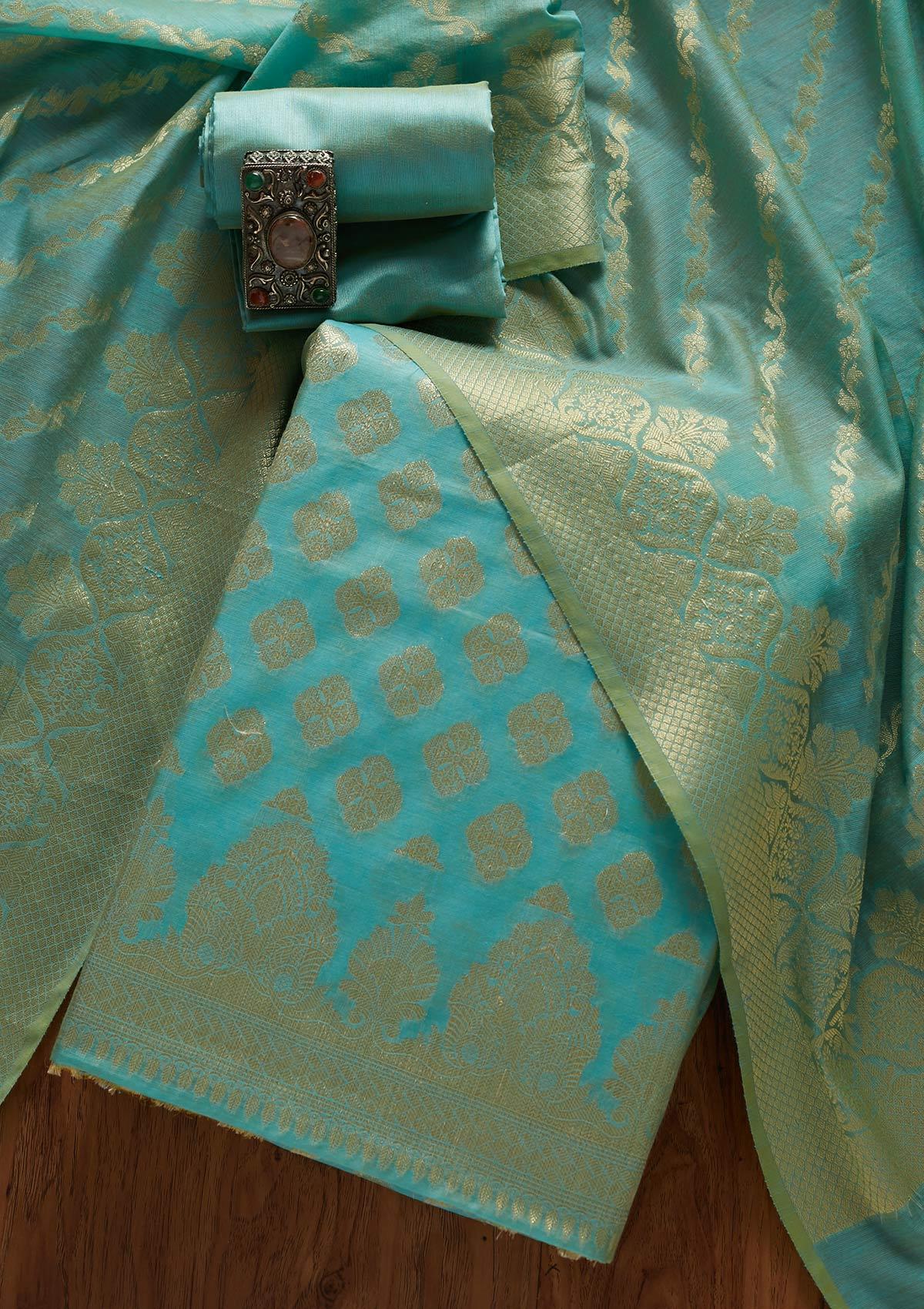 Sky Blue Zariwork Banarasi Designer Unstitched Salwar Suit - koskii