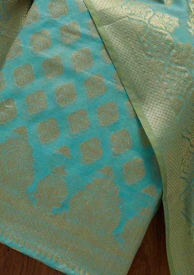 Sky Blue Zariwork Banarasi Designer Unstitched Salwar Suit - koskii