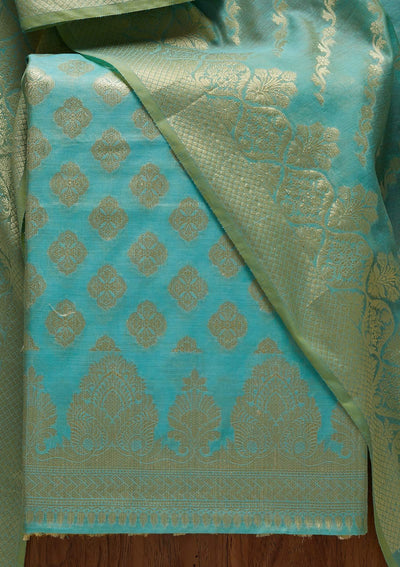Sky Blue Zariwork Banarasi Designer Unstitched Salwar Suit - koskii