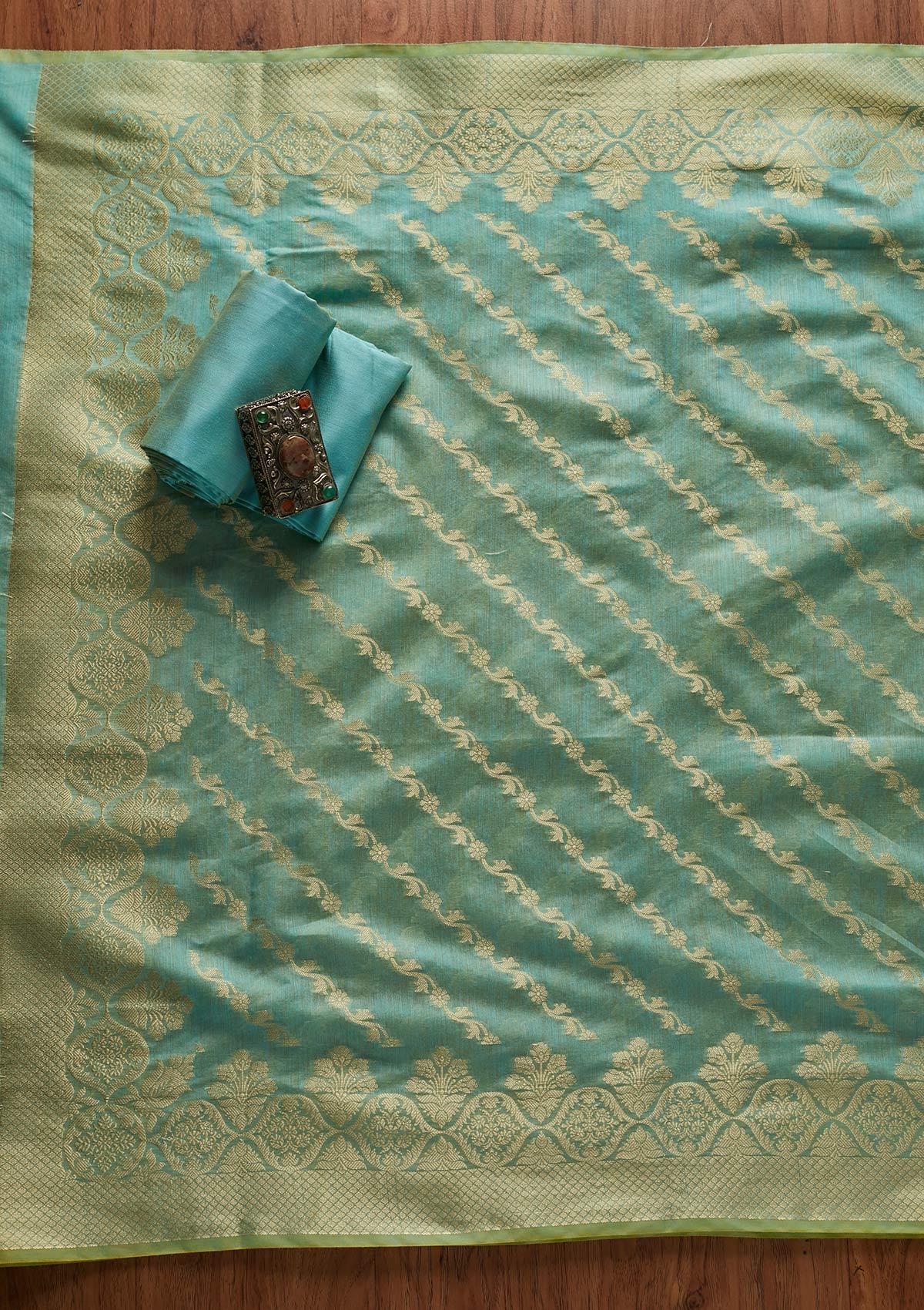 Sky Blue Zariwork Banarasi Designer Unstitched Salwar Suit - koskii