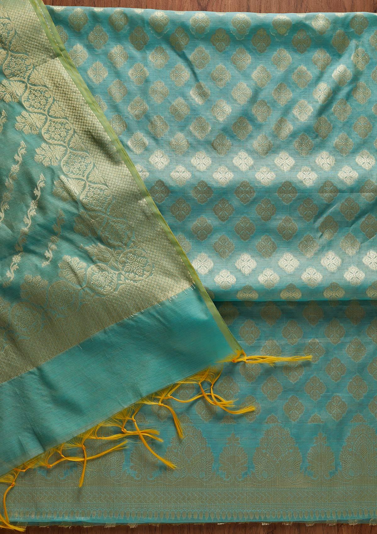 Sky Blue Zariwork Banarasi Designer Unstitched Salwar Suit - koskii