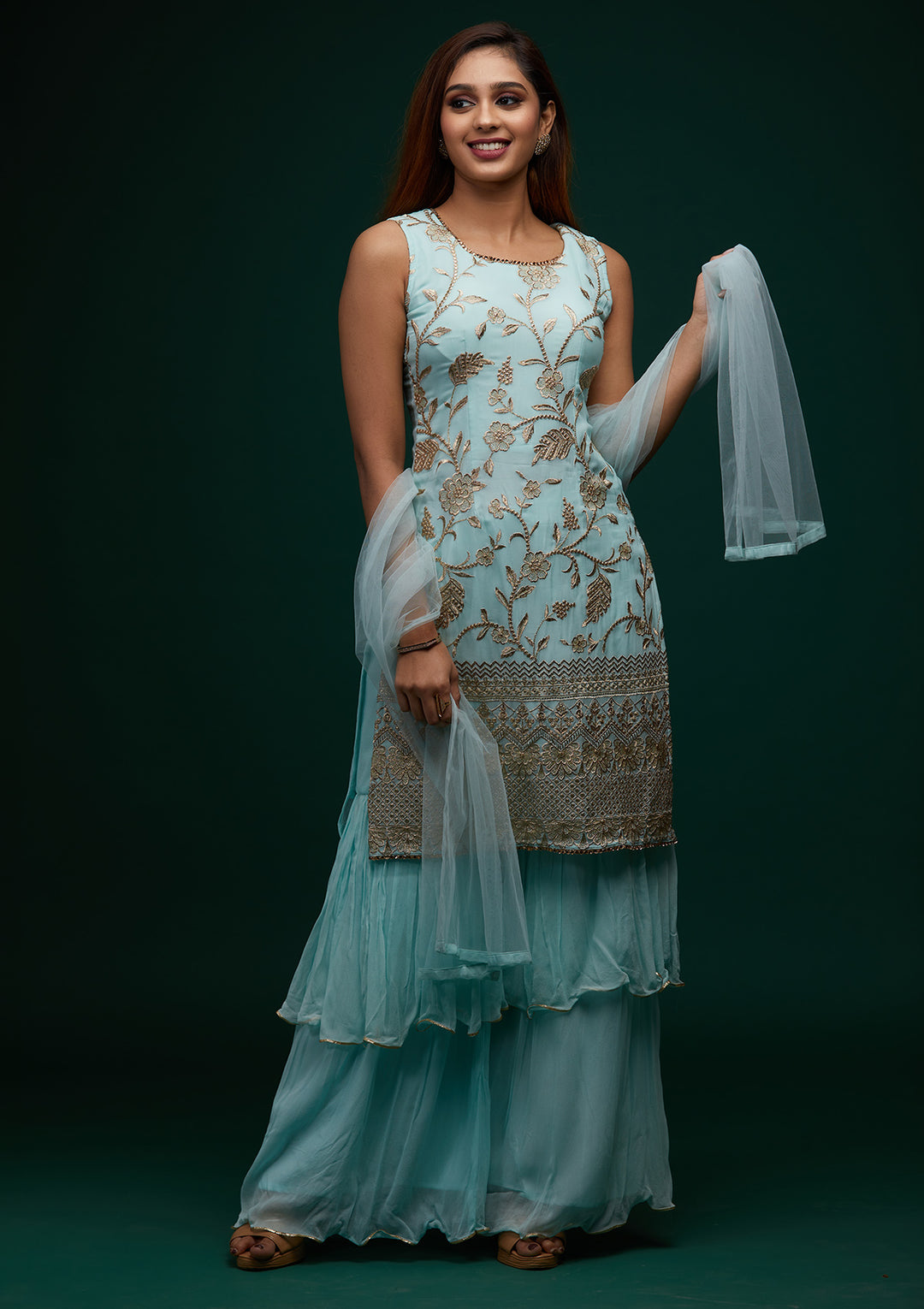 Sky Blue Zariwork Georgette Designer Salwar Suit - Koskii