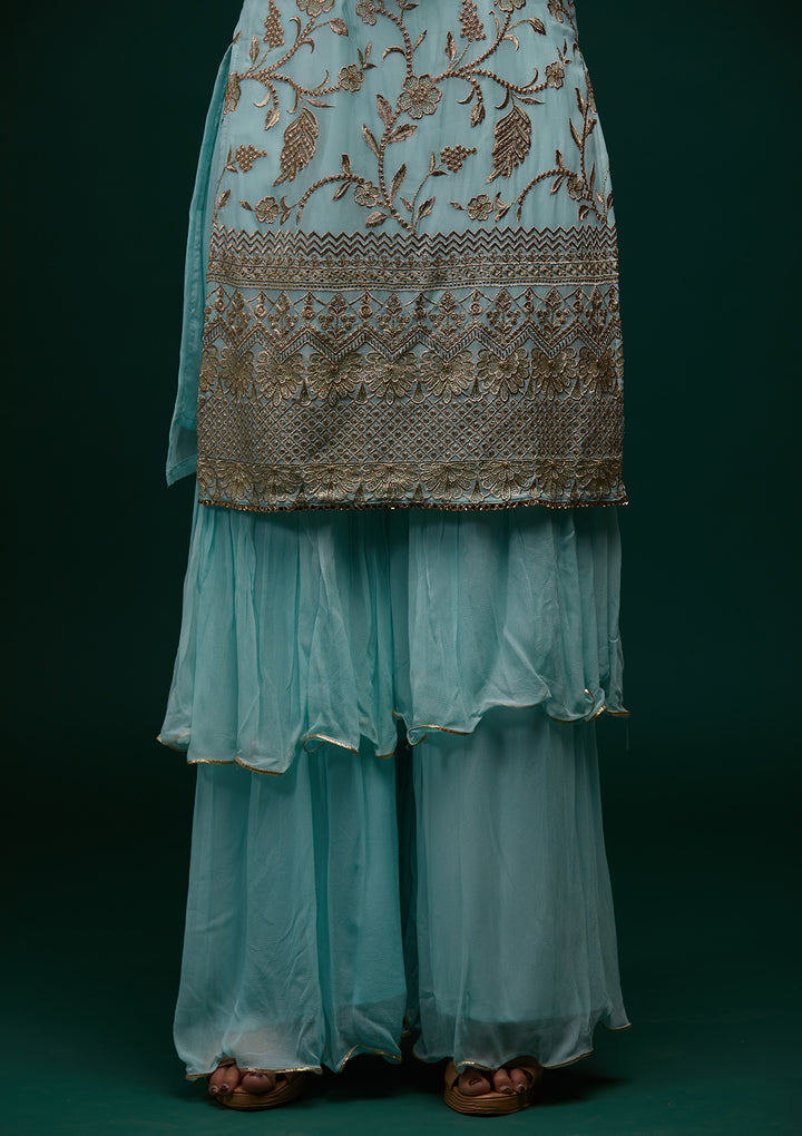 Sky Blue Zariwork Georgette Designer Salwar Suit - Koskii