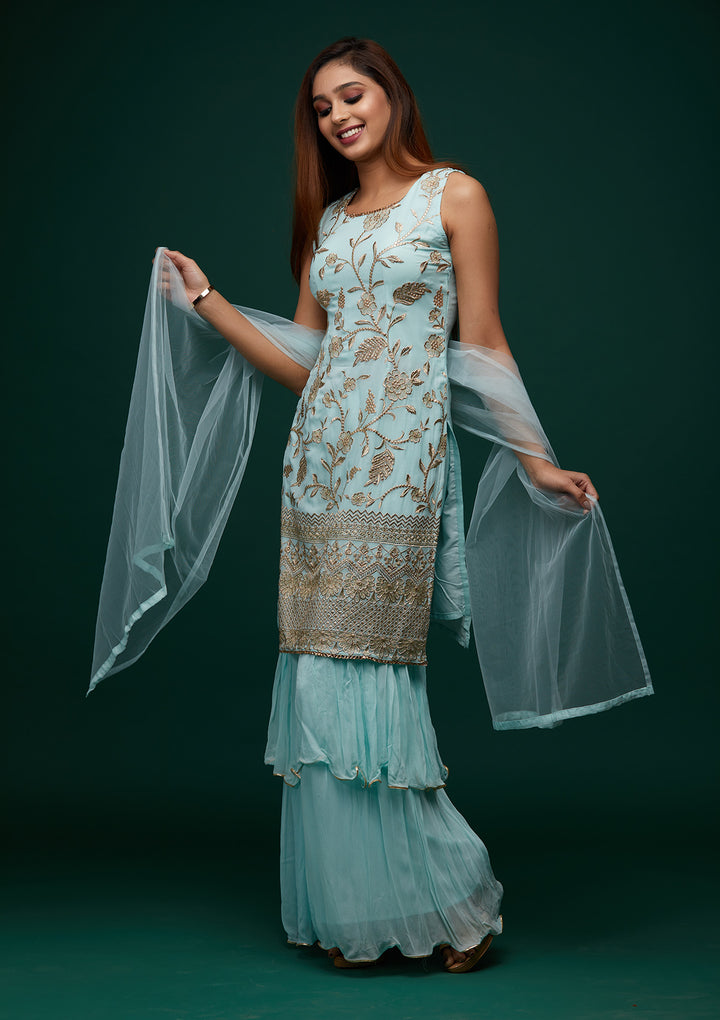 Sky Blue Zariwork Georgette Designer Salwar Suit - Koskii