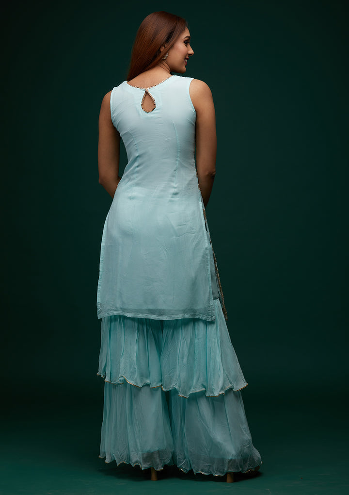 Sky Blue Zariwork Georgette Designer Salwar Suit - Koskii