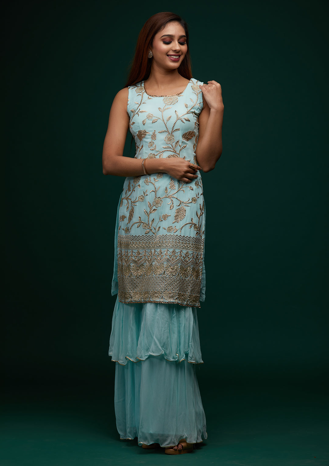 Sky Blue Zariwork Georgette Designer Salwar Suit - Koskii