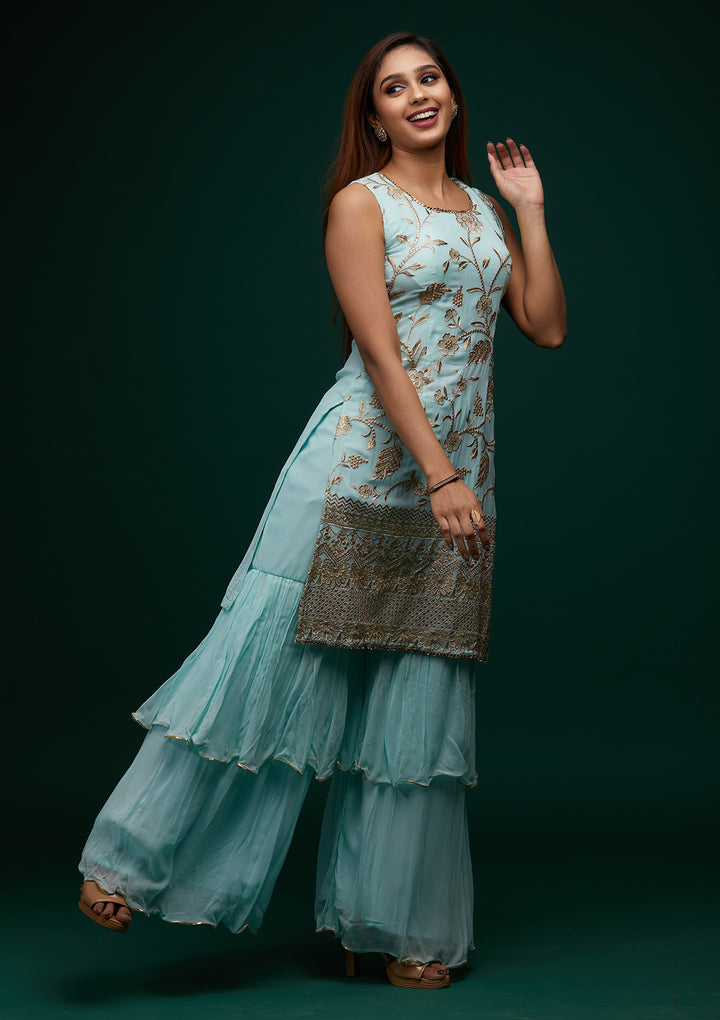Sky Blue Zariwork Georgette Designer Salwar Suit - Koskii