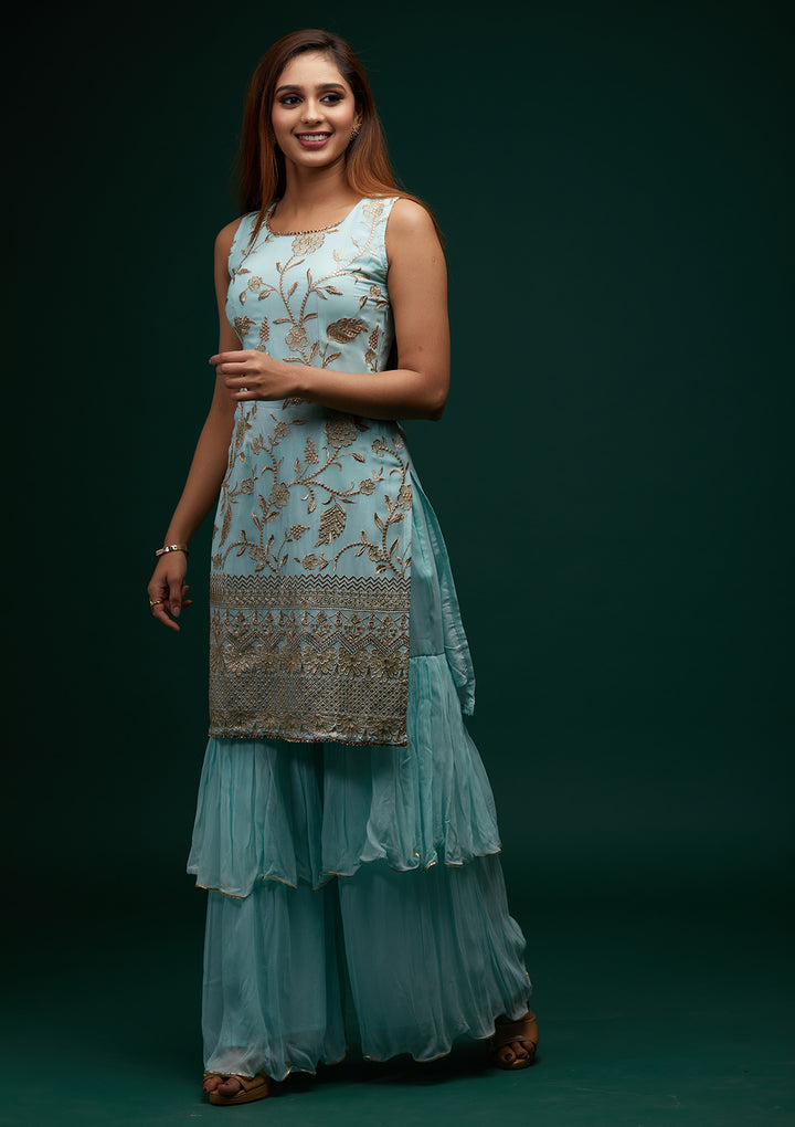 Sky Blue Zariwork Georgette Designer Salwar Suit - Koskii