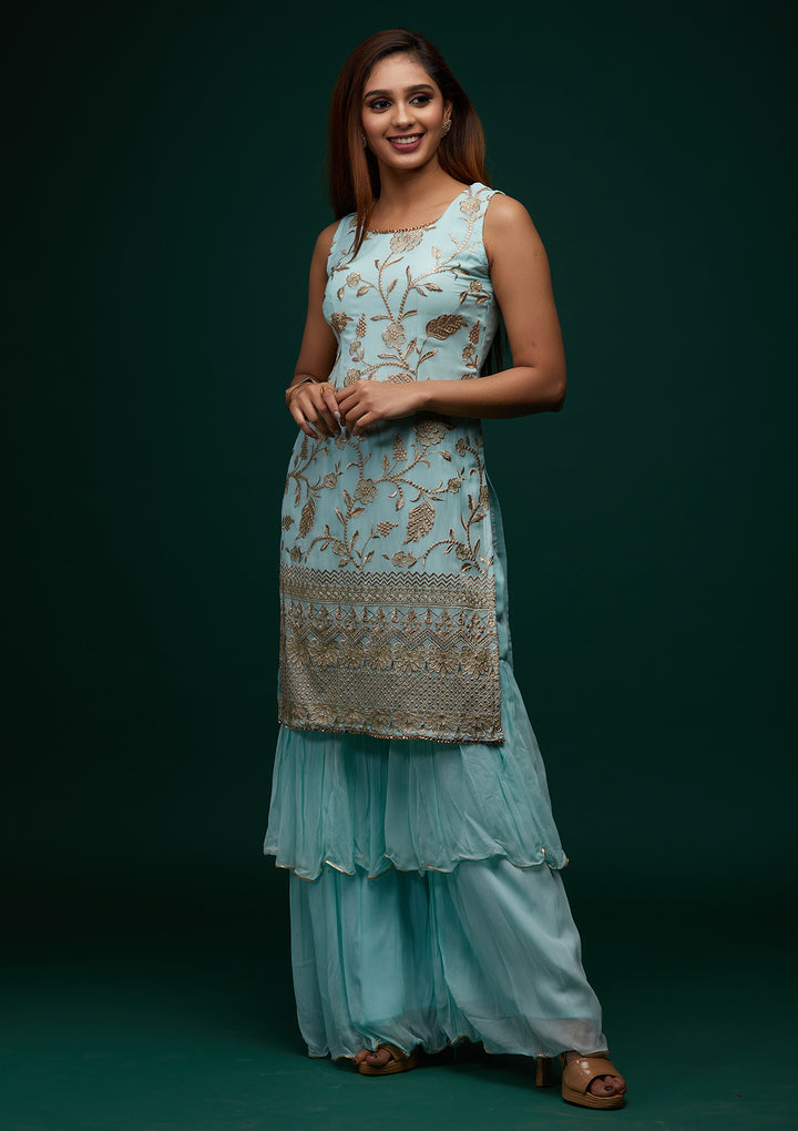 Sky Blue Zariwork Georgette Designer Salwar Suit - Koskii