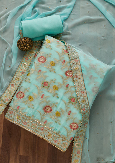 Sky Blue Zariwork Georgette Unstitched Salwar Suit-Koskii