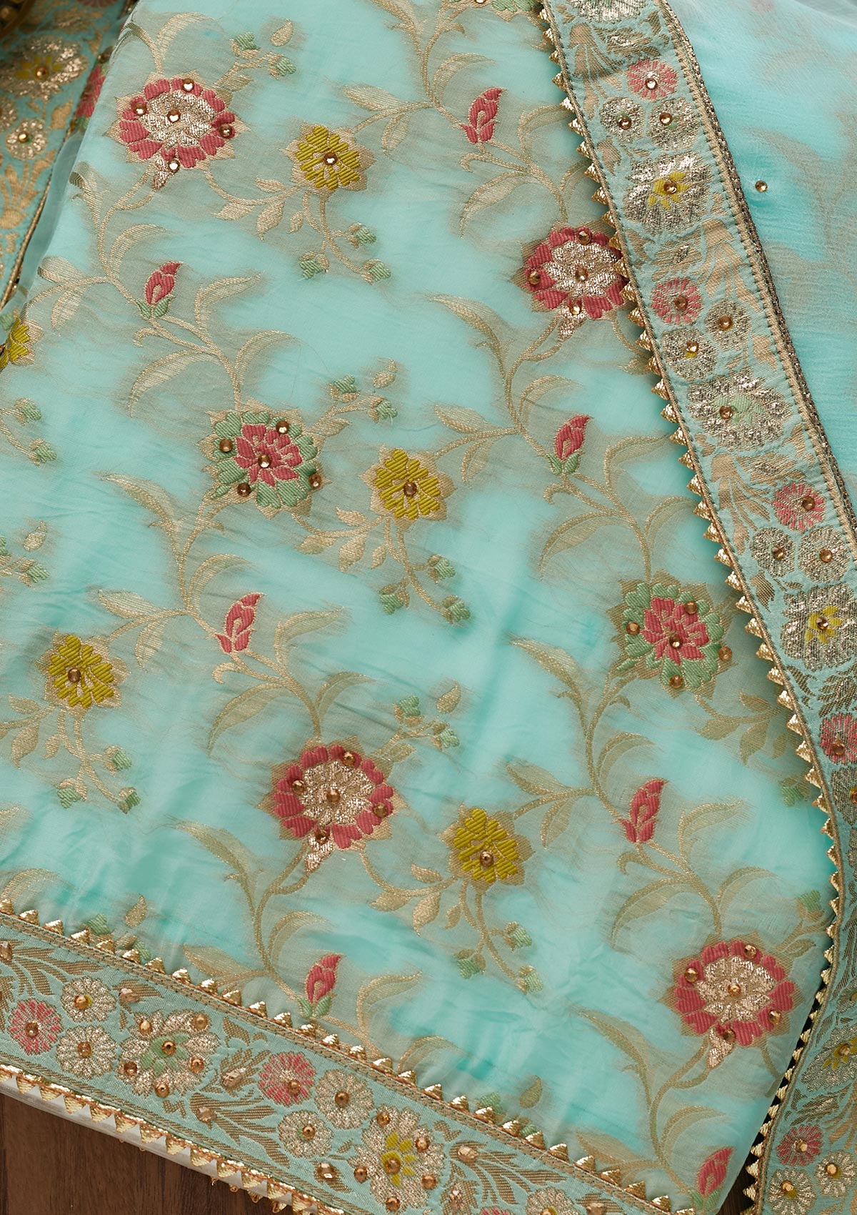 Sky Blue Zariwork Georgette Unstitched Salwar Suit-Koskii