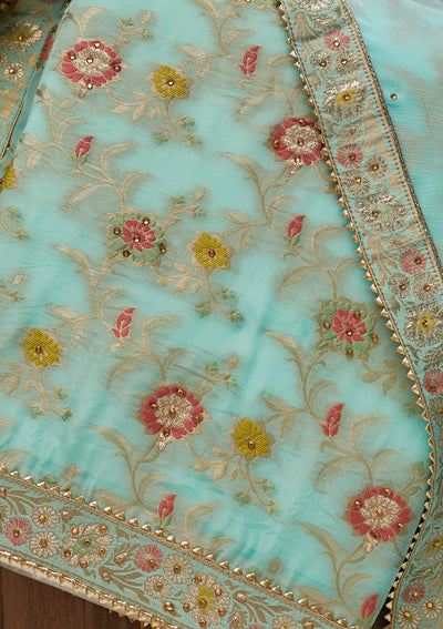 Sky Blue Zariwork Georgette Unstitched Salwar Suit-Koskii