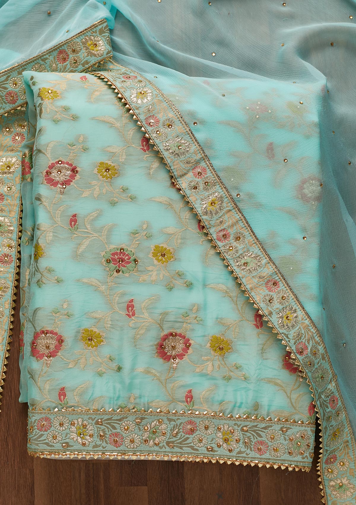 Sky Blue Zariwork Georgette Unstitched Salwar Suit-Koskii
