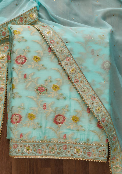 Sky Blue Zariwork Georgette Unstitched Salwar Suit-Koskii