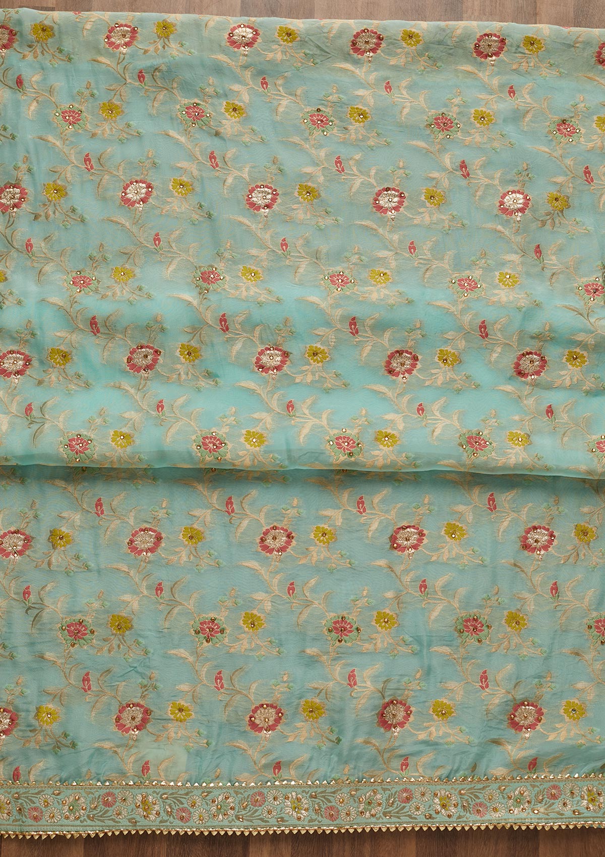 Sky Blue Zariwork Georgette Unstitched Salwar Suit-Koskii