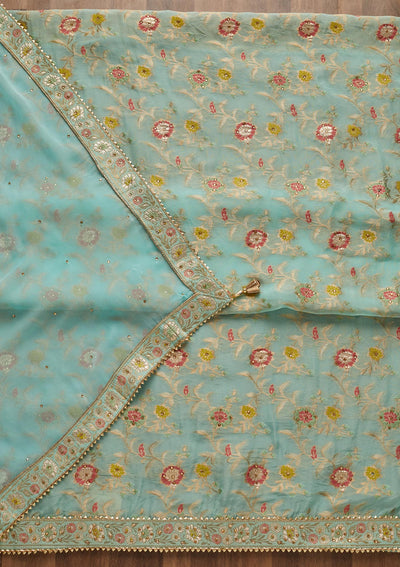 Sky Blue Zariwork Georgette Unstitched Salwar Suit-Koskii