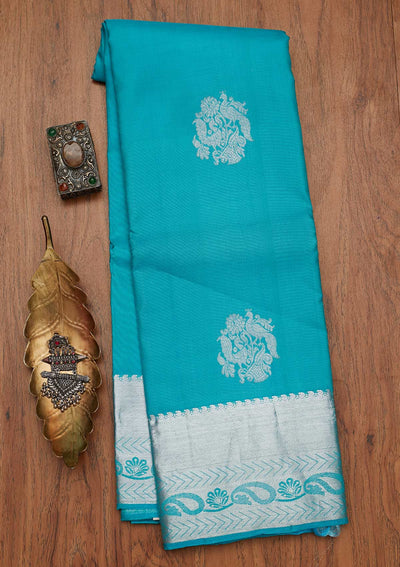 Sky Blue Zariwork Pure Silk Designer Saree - koskii