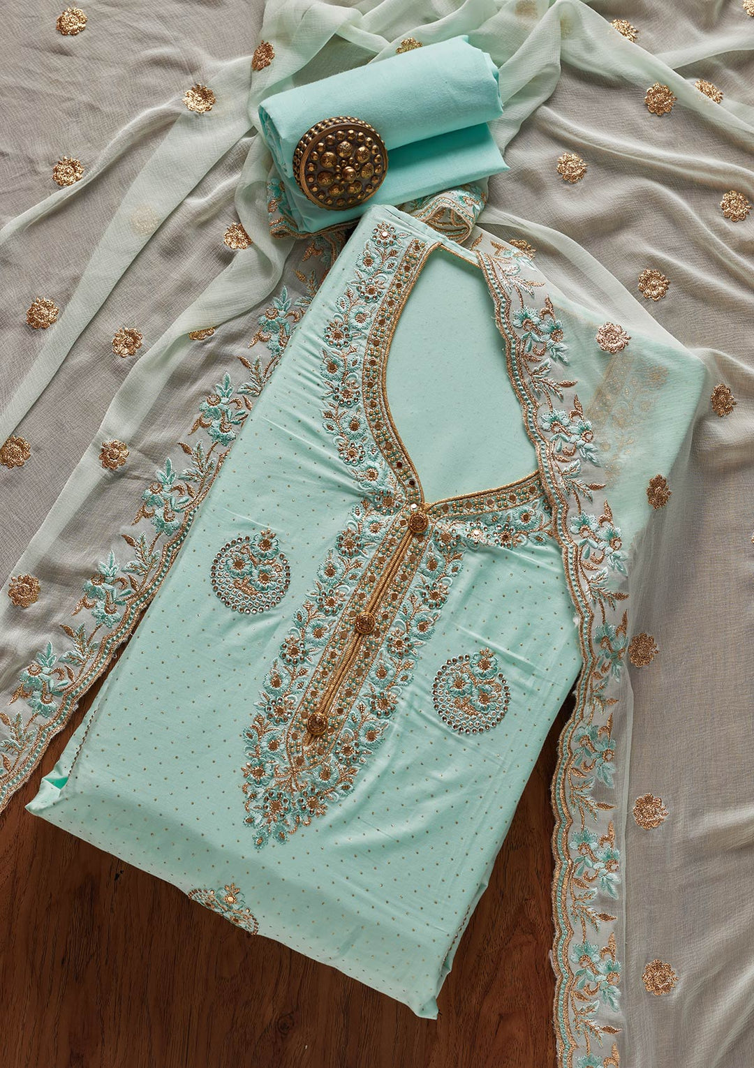 Sky Blue Zariwork Semi Crepe Designer Unstitched Salwar Suit - koskii