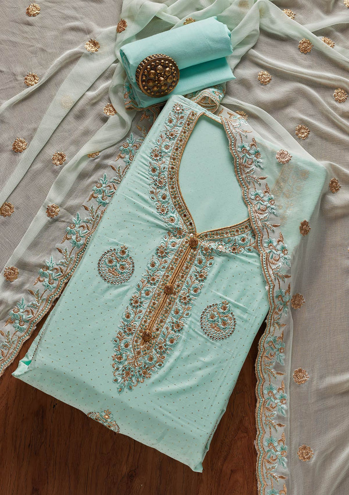 Sky Blue Zariwork Semi Crepe Designer Unstitched Salwar Suit - koskii