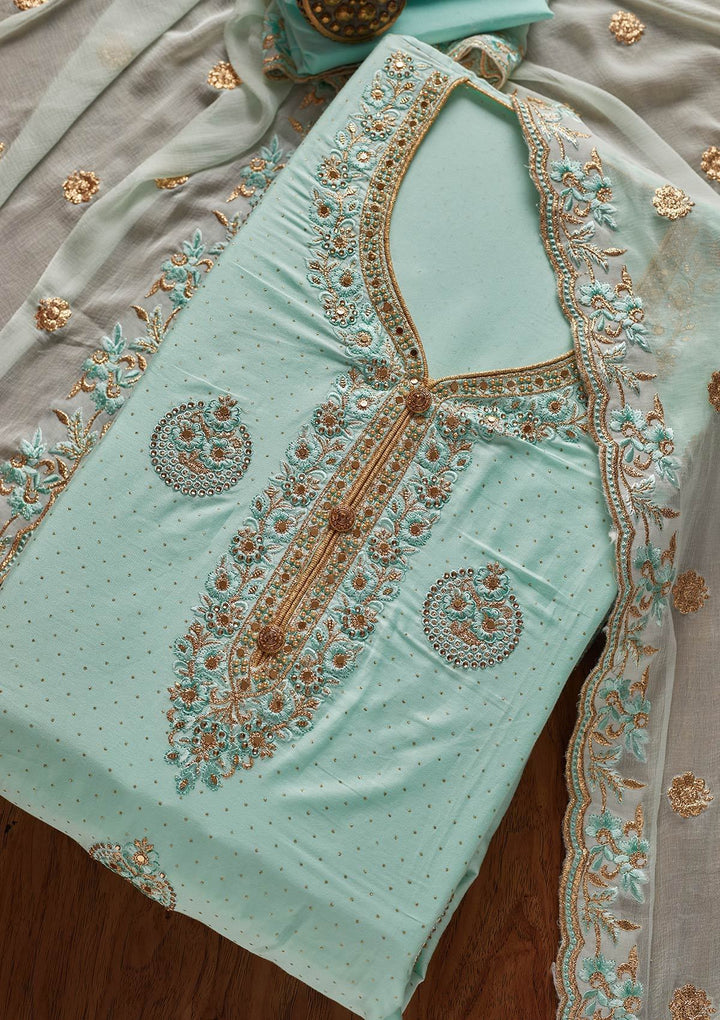 Sky Blue Zariwork Semi Crepe Designer Unstitched Salwar Suit - koskii